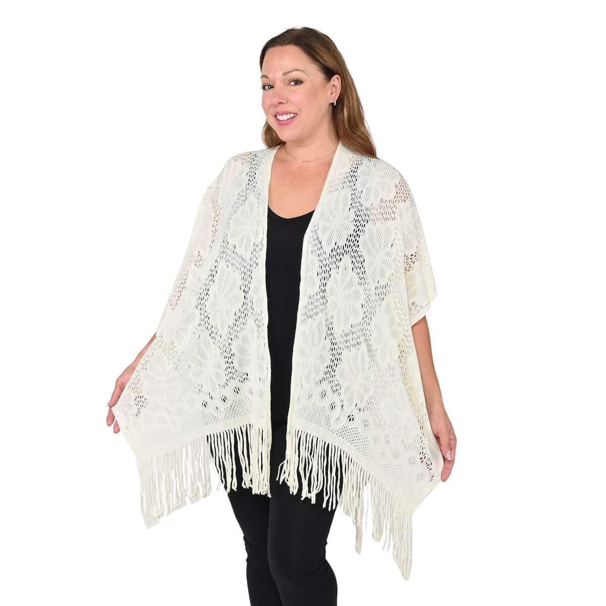 White Hollow Out Design Poncho with Swinging Tassels image number 2
