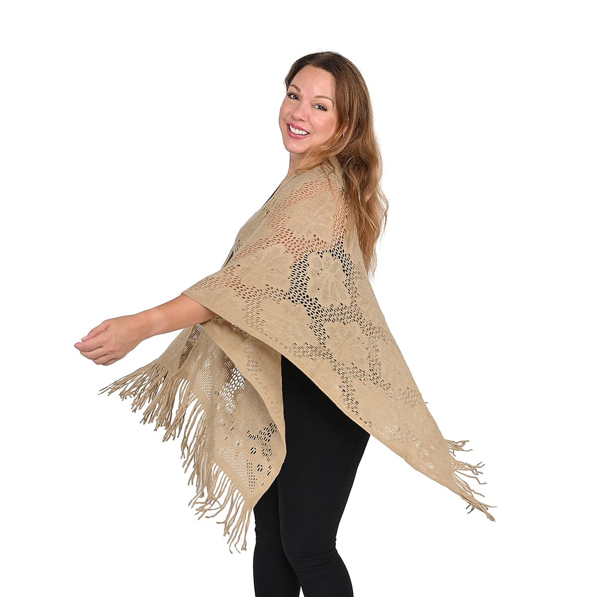 Khaki Hollow Out Design Poncho with Swinging Tassels image number 1