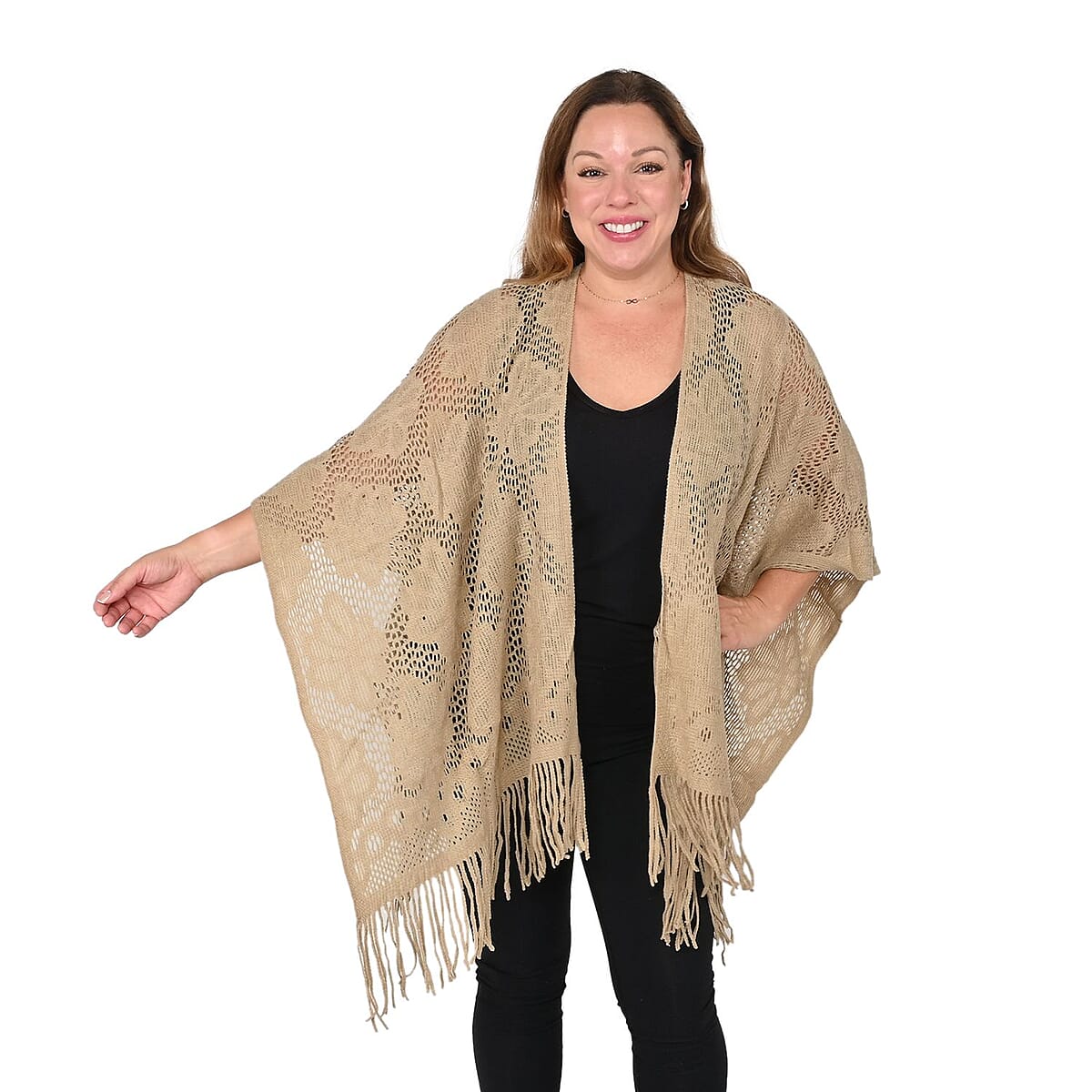 Khaki Hollow Out Design Poncho with Swinging Tassels image number 2