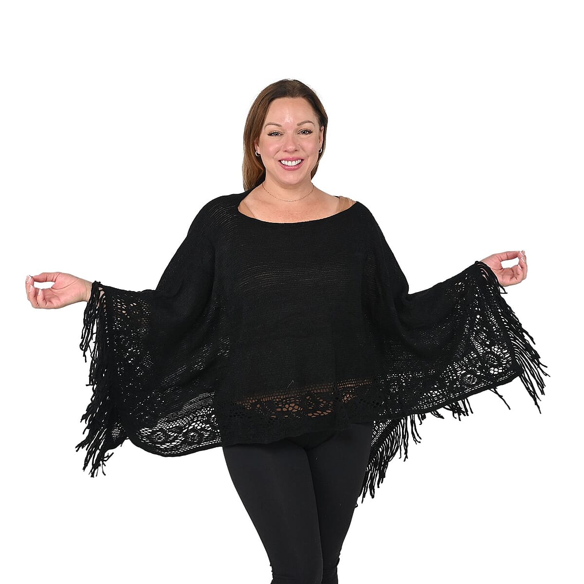 Black Solid Poncho with Bottom Cut Work and Tassels (32"x64") image number 0