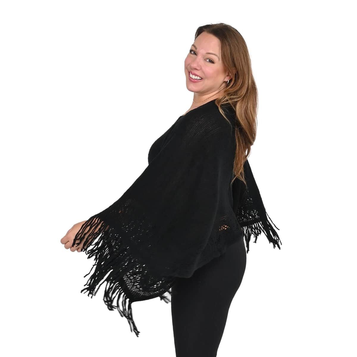 Black Solid Poncho with Bottom Cut Work and Tassels (32"x64") image number 1