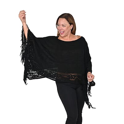 Black Solid Poncho with Bottom Cut Work and Tassels
