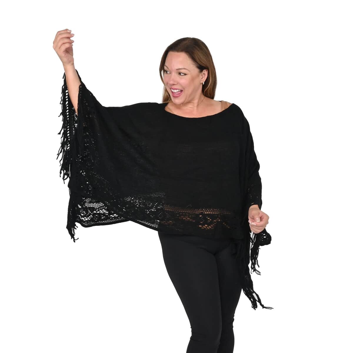 Black Solid Poncho with Bottom Cut Work and Tassels image number 2