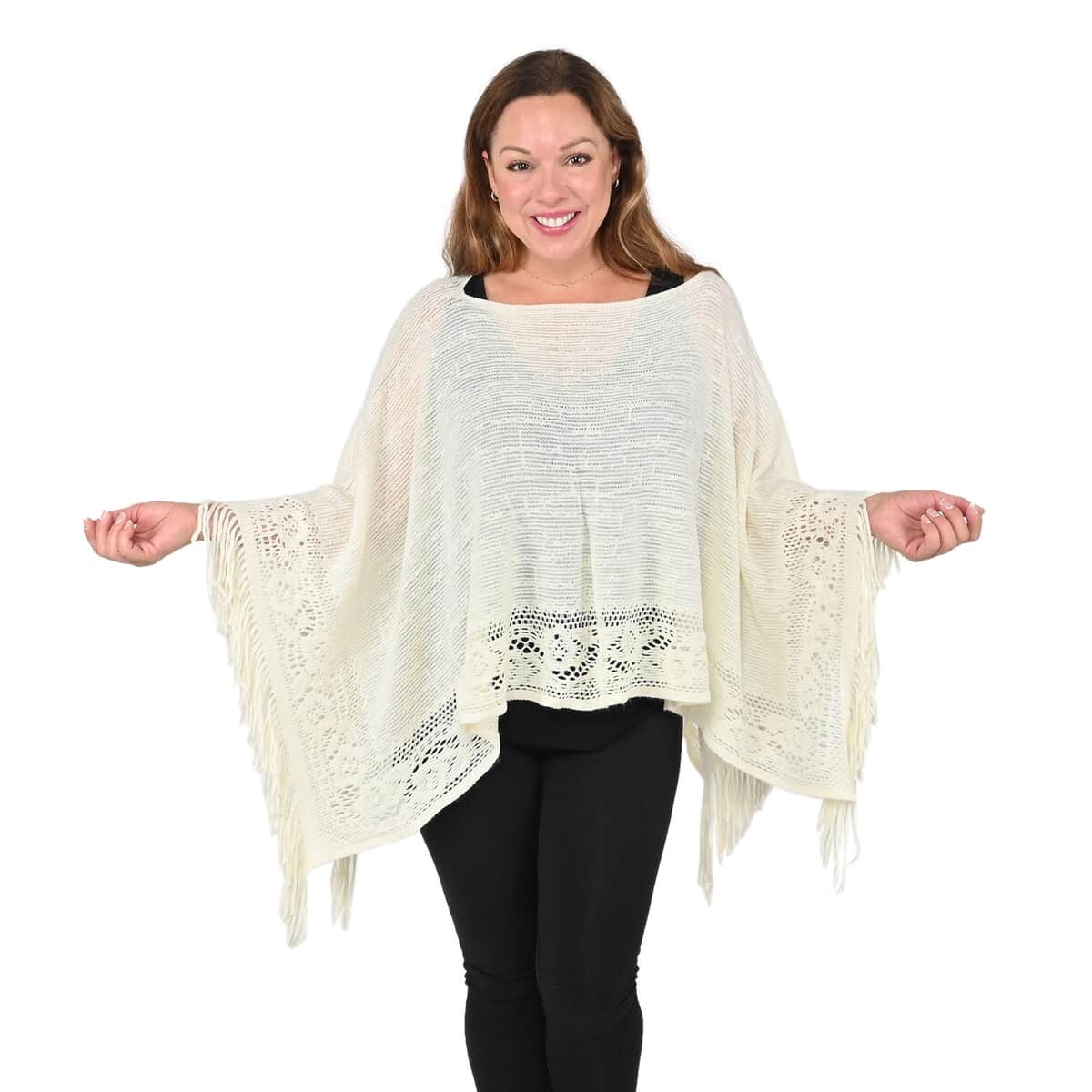 White Solid Poncho with Bottom Cut Work and Tassels image number 0