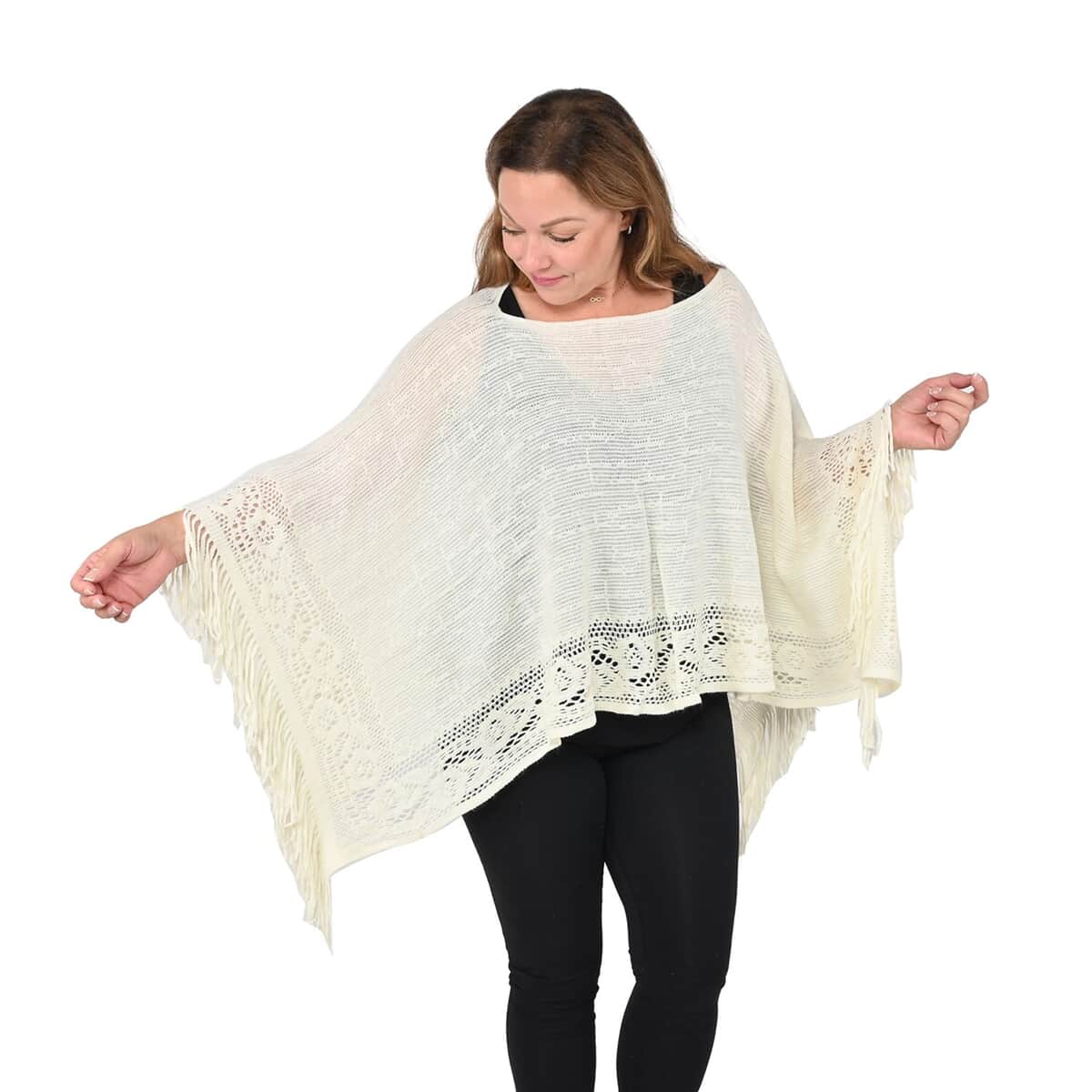 White Solid Poncho with Bottom Cut Work and Tassels image number 2