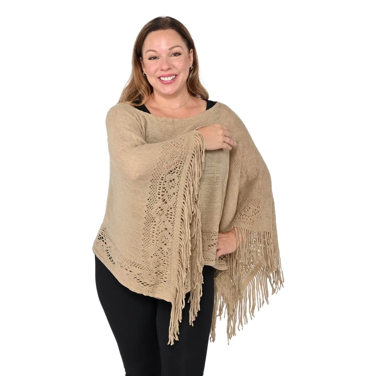 Khaki Solid Poncho with Bottom Cut Work and Tassels image number 0