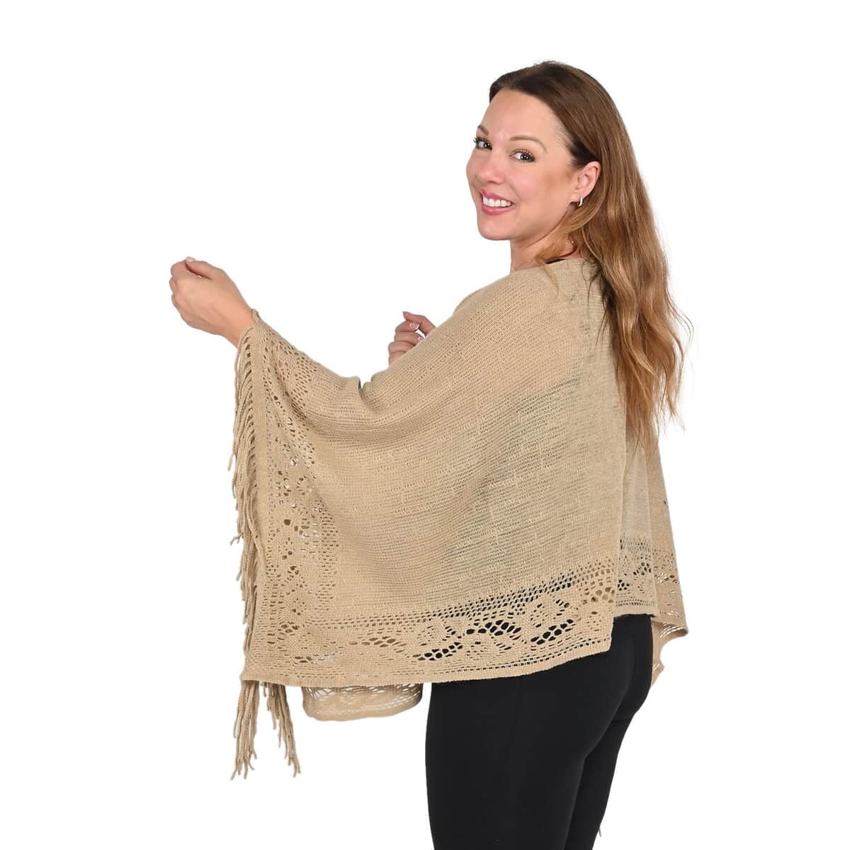 Khaki Solid Poncho with Bottom Cut Work and Tassels image number 1