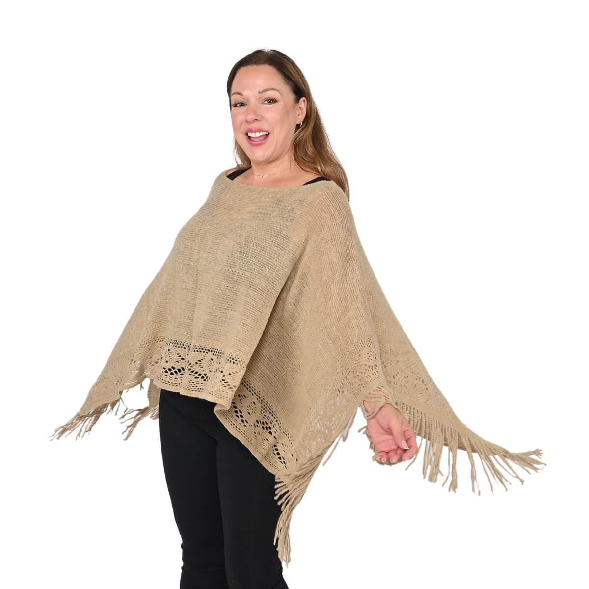 Khaki Solid Poncho with Bottom Cut Work and Tassels image number 2