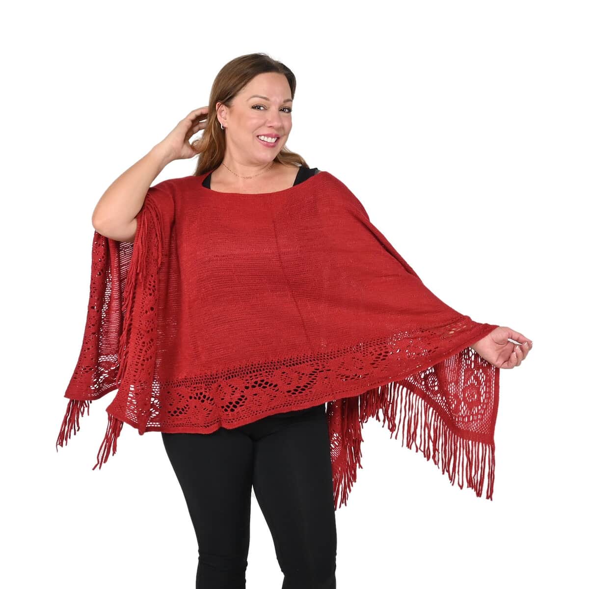 Maroon Solid Poncho with Bottom Cut Work and Tassels image number 0