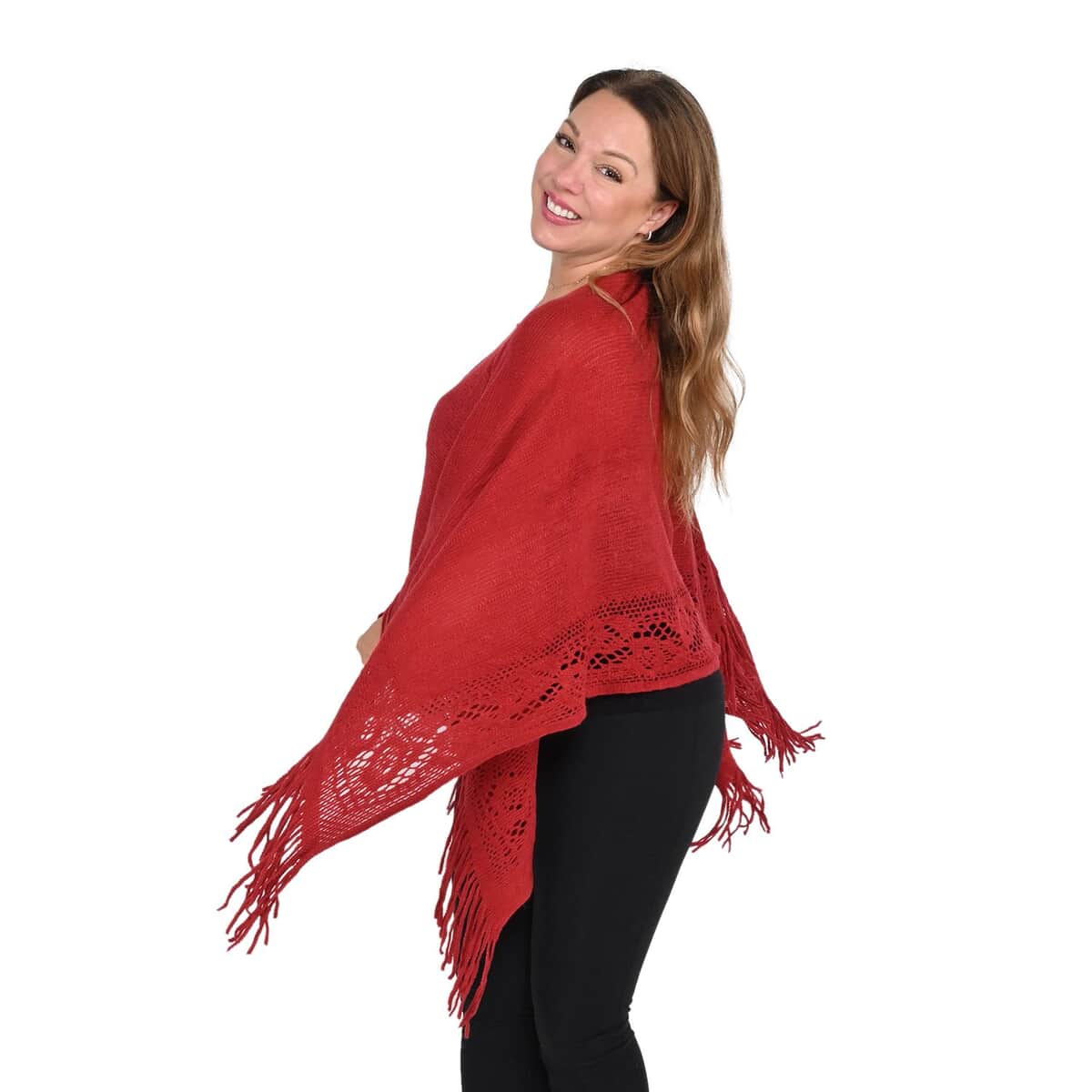 Maroon Solid Poncho with Bottom Cut Work and Tassels image number 1