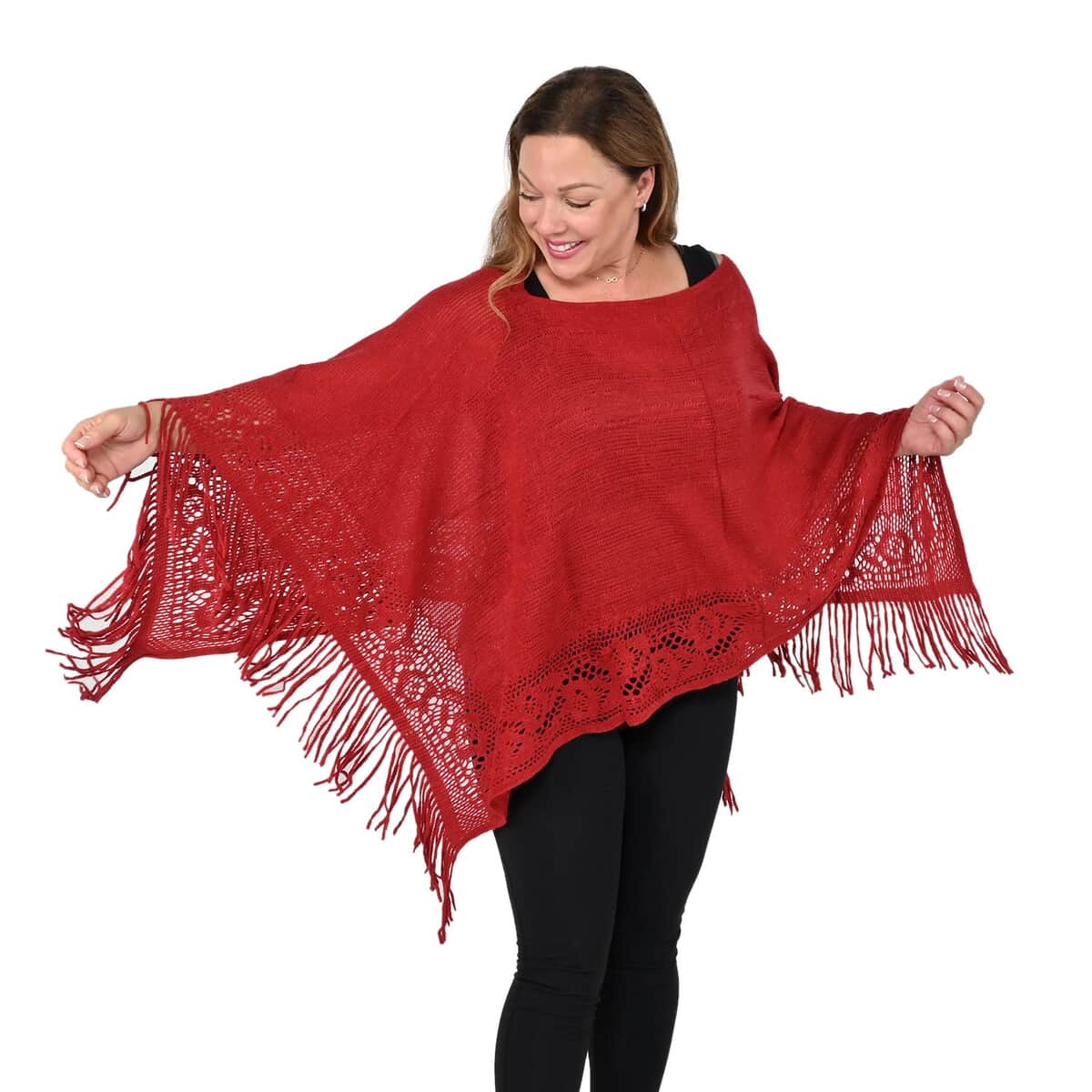 Maroon Solid Poncho with Bottom Cut Work and Tassels image number 2