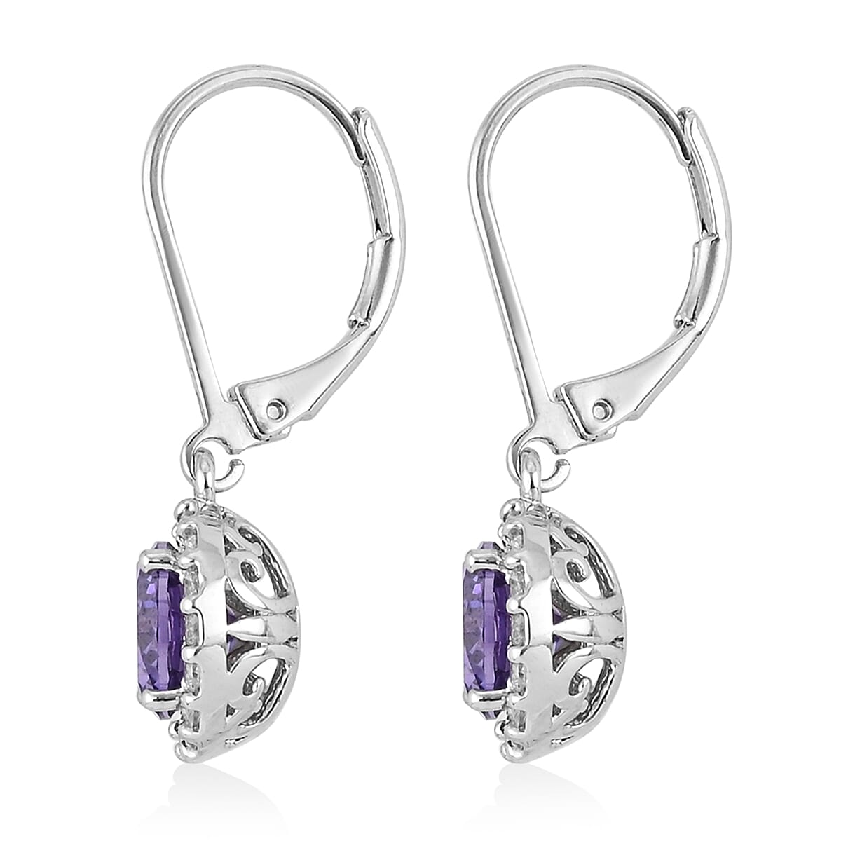 CLOSEOUT DEAL Simulated Amethyst, Simulated Diamond Halo Drop Earrings in Silvertone 0.45 ctw