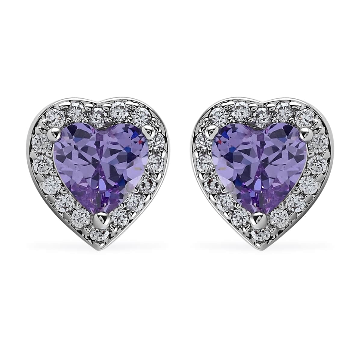 Simulated Amethyst Diamond and Simulated Diamond Heart Halo Earrings in Silvertone 0.50 ctw image number 0