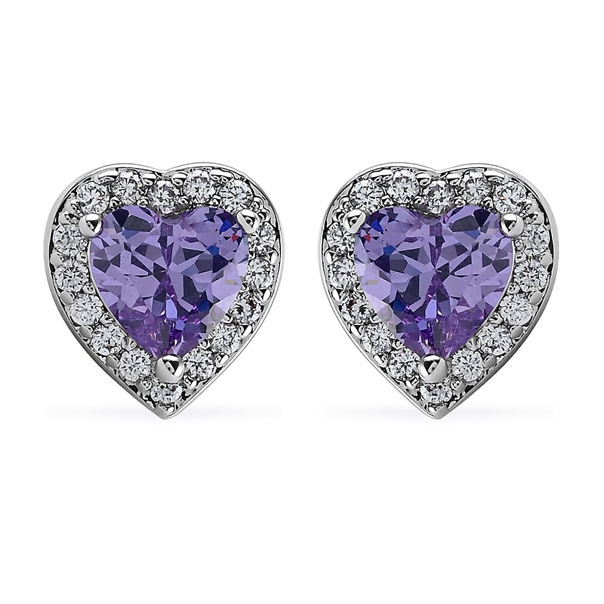 Simulated Amethyst Diamond and Simulated Diamond Heart Halo Earrings in Silvertone 0.50 ctw image number 0