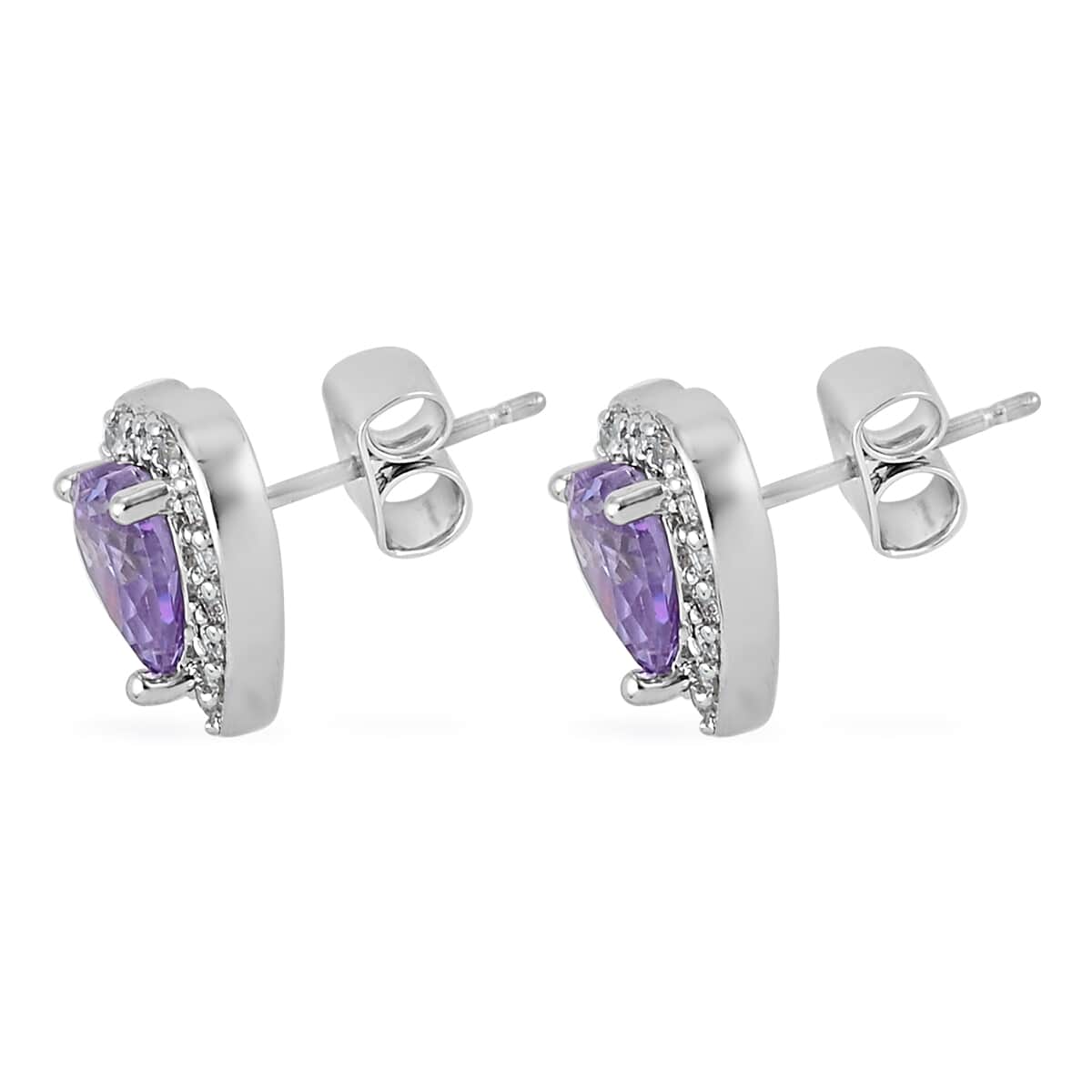Simulated Amethyst Diamond and Simulated Diamond Heart Halo Earrings in Silvertone 0.50 ctw image number 2