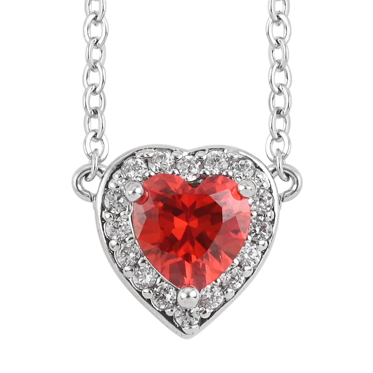 Simulated Red Diamond and Simulated Diamond Heart Halo Necklace 18 Inches in Silvertone 0.20 ctw image number 0