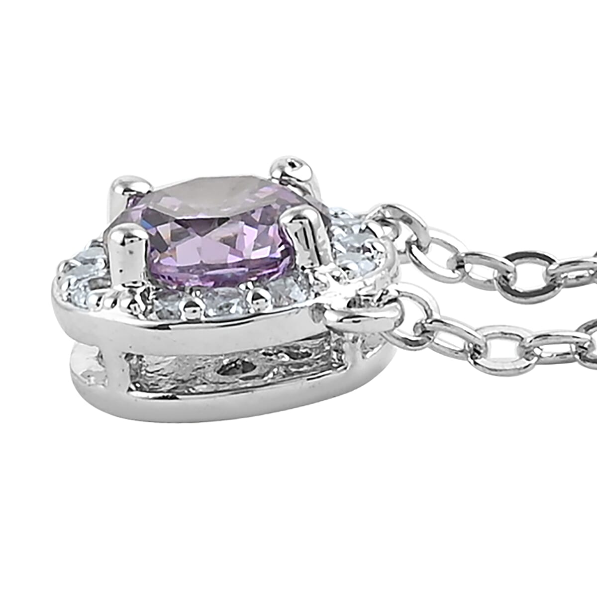 Simulated Dark Color Amethyst, Simulated Diamond Halo Necklace (18 Inches) in Silvertone 0.16 ctw