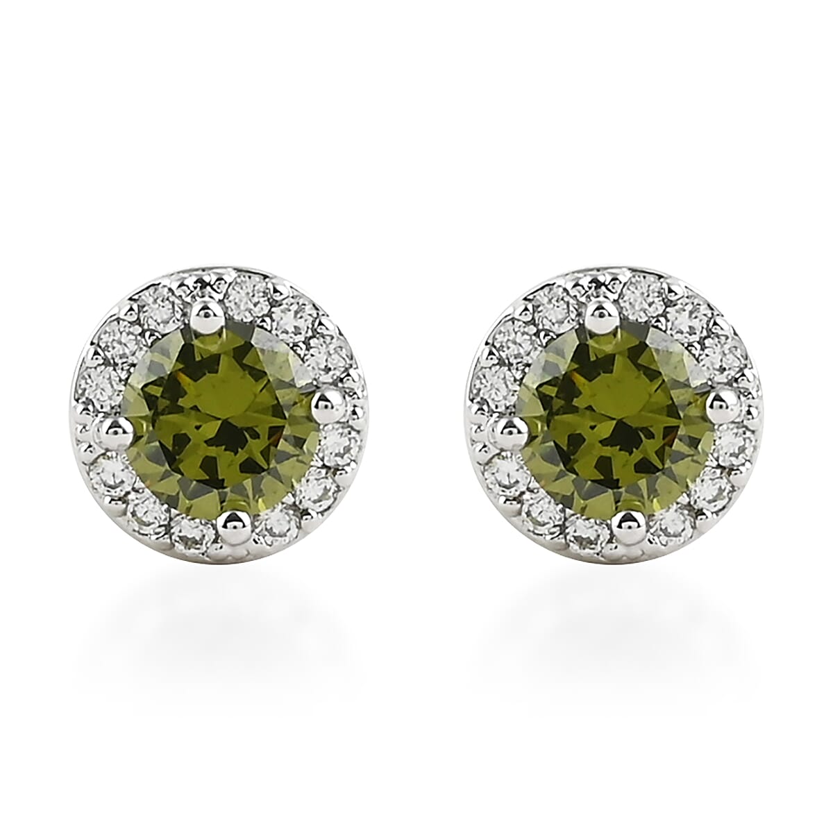 Simulated Peridot, Simulated Diamond Halo Stud Earrings in Silvertone 0.20 ctw