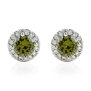Simulated Peridot, Simulated Diamond Halo Stud Earrings in Silvertone 0.20 ctw