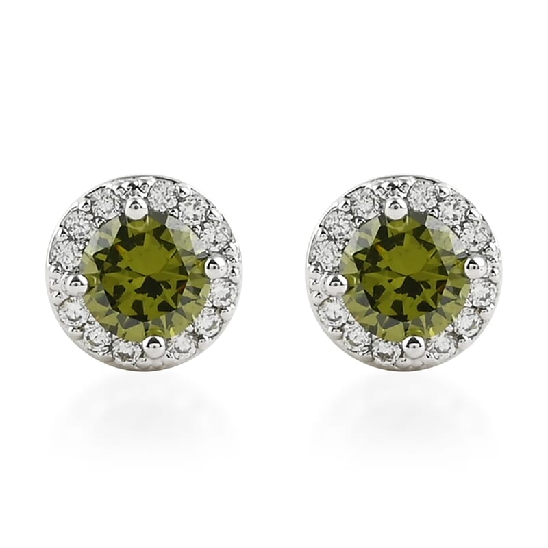 Simulated Peridot, Simulated Diamond Halo Stud Earrings in Silvertone 0.20 ctw