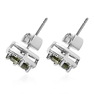 Simulated Peridot, Simulated Diamond Halo Stud Earrings in Silvertone 0.20 ctw