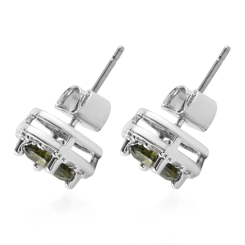 Simulated Peridot, Simulated Diamond Halo Stud Earrings in Silvertone 0.20 ctw