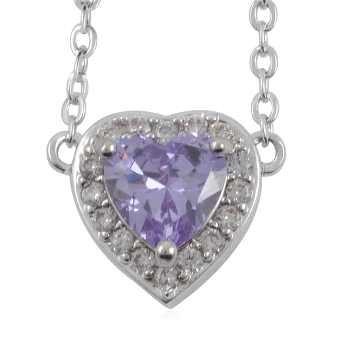 Simulated Light Purple Diamond and Simulated Diamond 0.20 ctw Heart Halo Necklace 18 Inches in Silvertone image number 0