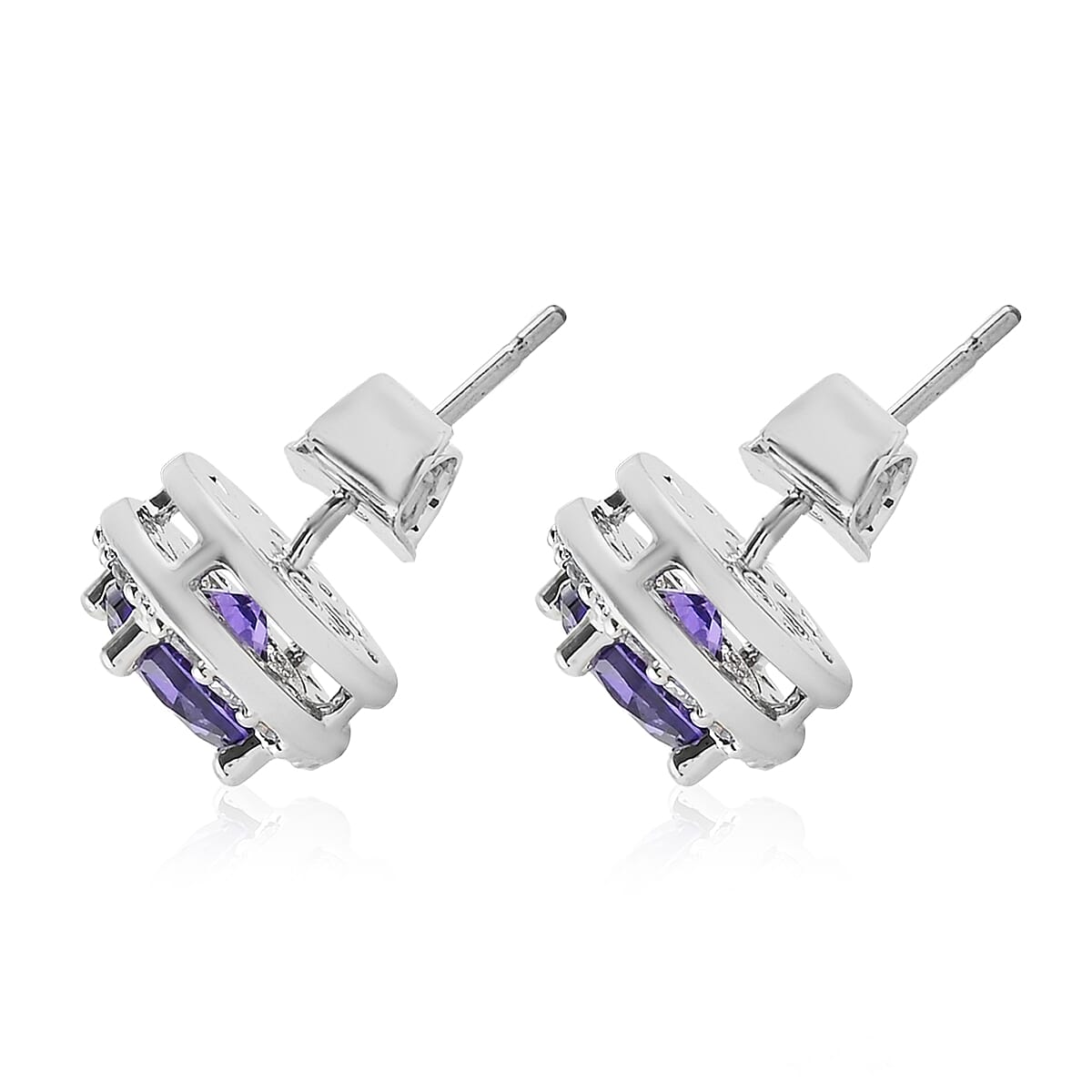 Simulated Dark Purple Sapphire and Simulated Diamond Halo Stud Earrings in Silvertone image number 2