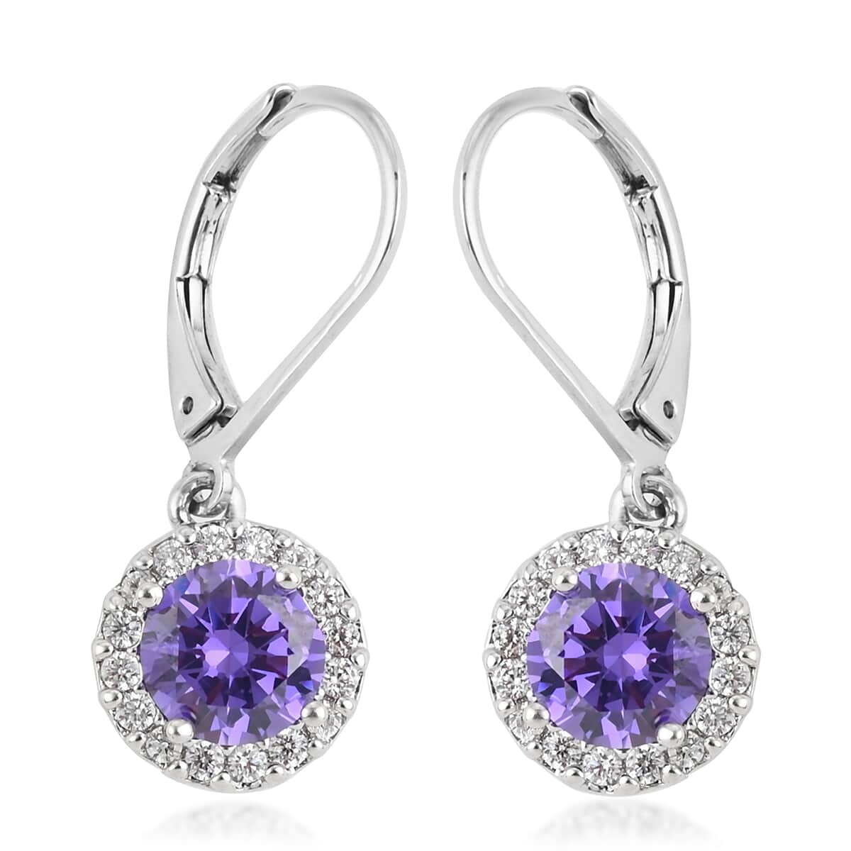 Simulated Purple Sapphire and Simulated Diamond Halo Drop Earrings in Silvertone image number 0
