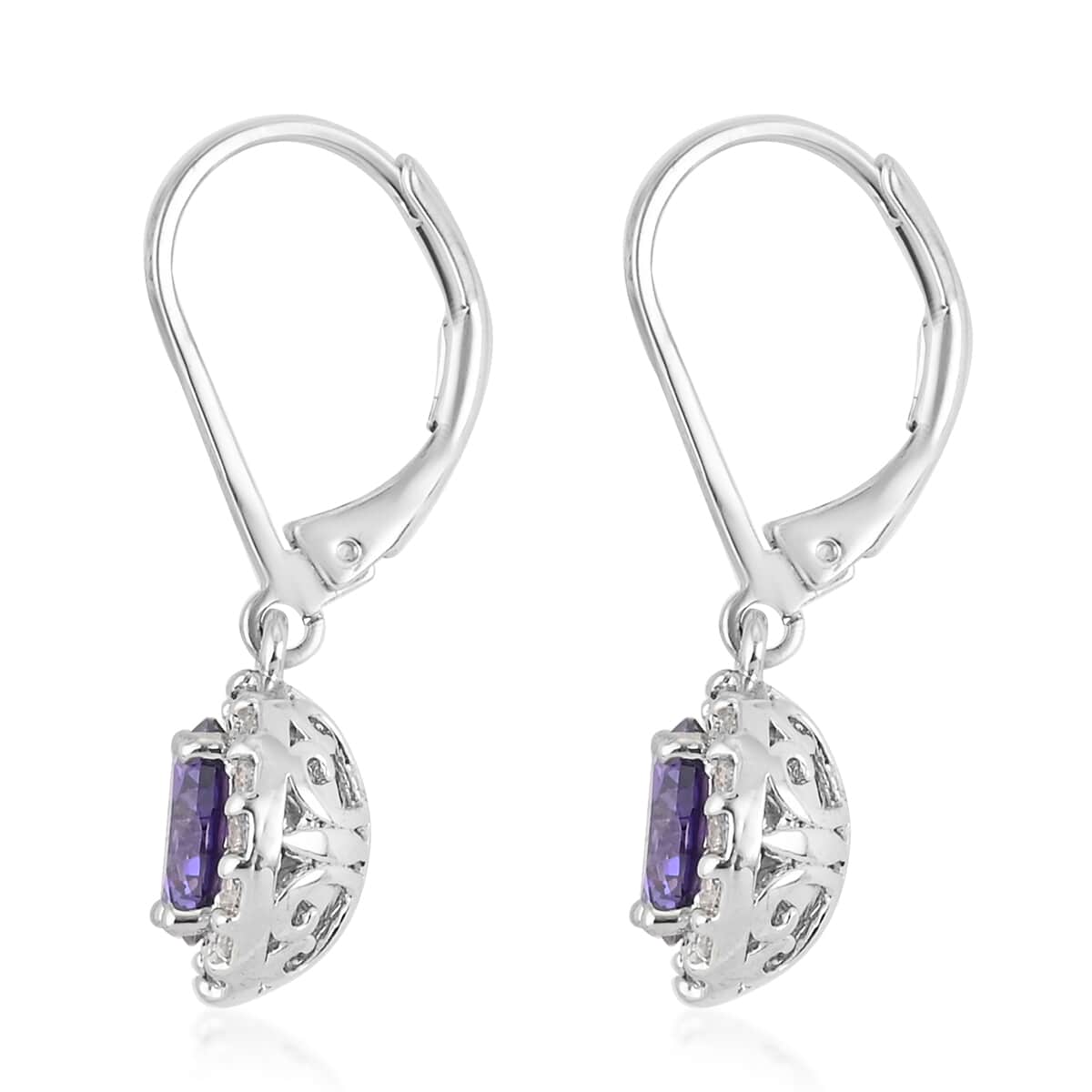 Simulated Purple Sapphire and Simulated Diamond Halo Drop Earrings in Silvertone image number 2