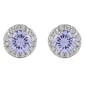 Simulated Light Purple Topaz, Simulated Diamond Halo Stud Earrings in Silvertone 0.20 ctw