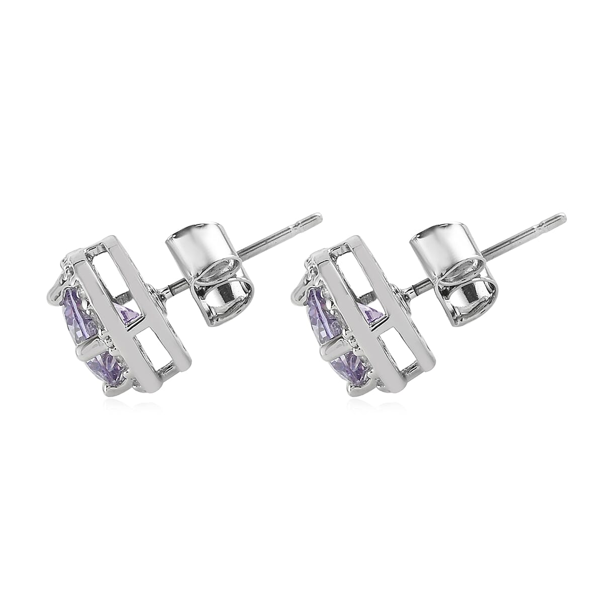 Simulated Light Purple Topaz, Simulated Diamond Halo Stud Earrings in Silvertone 0.20 ctw image number 2