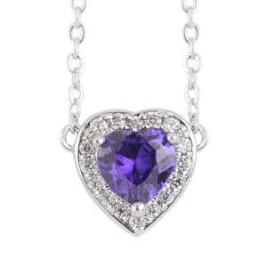Simulated Dark Purple Diamond and Simulated Diamond 0.20 ctw Heart Halo Necklace 18 Inches in Silvertone