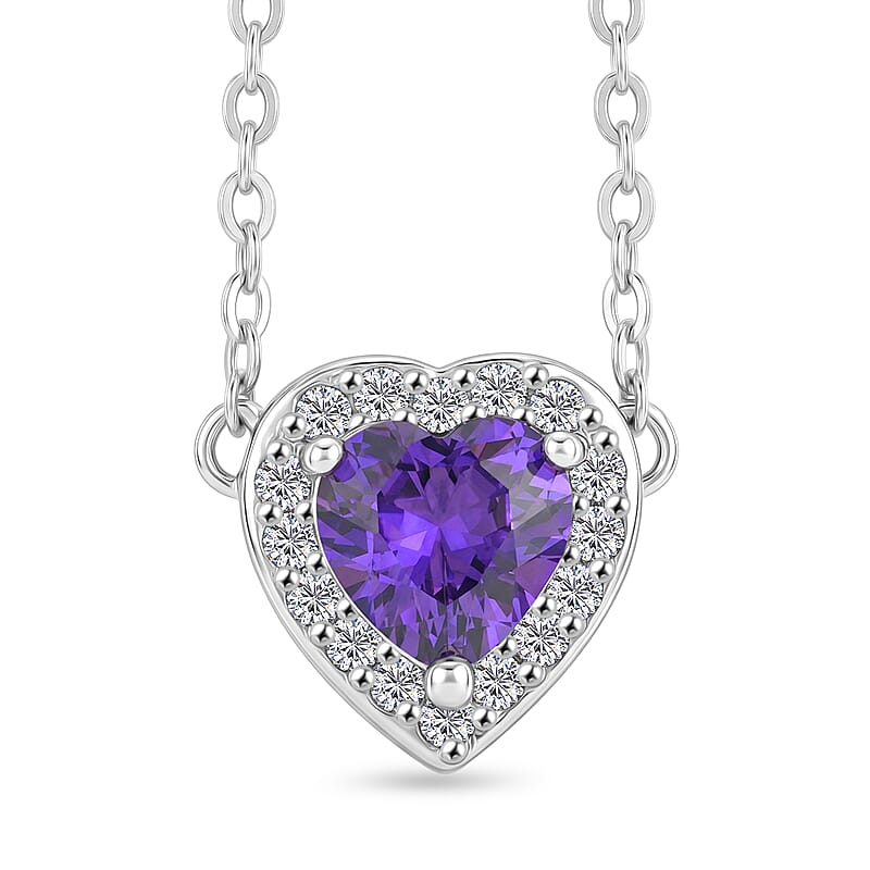Simulated Dark Purple Diamond and Simulated Diamond 0.20 ctw Heart Halo Necklace 18 Inches in Silvertone