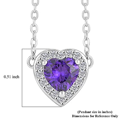 Simulated Dark Purple Diamond and Simulated Diamond 0.20 ctw Heart Halo Necklace 18 Inches in Silvertone