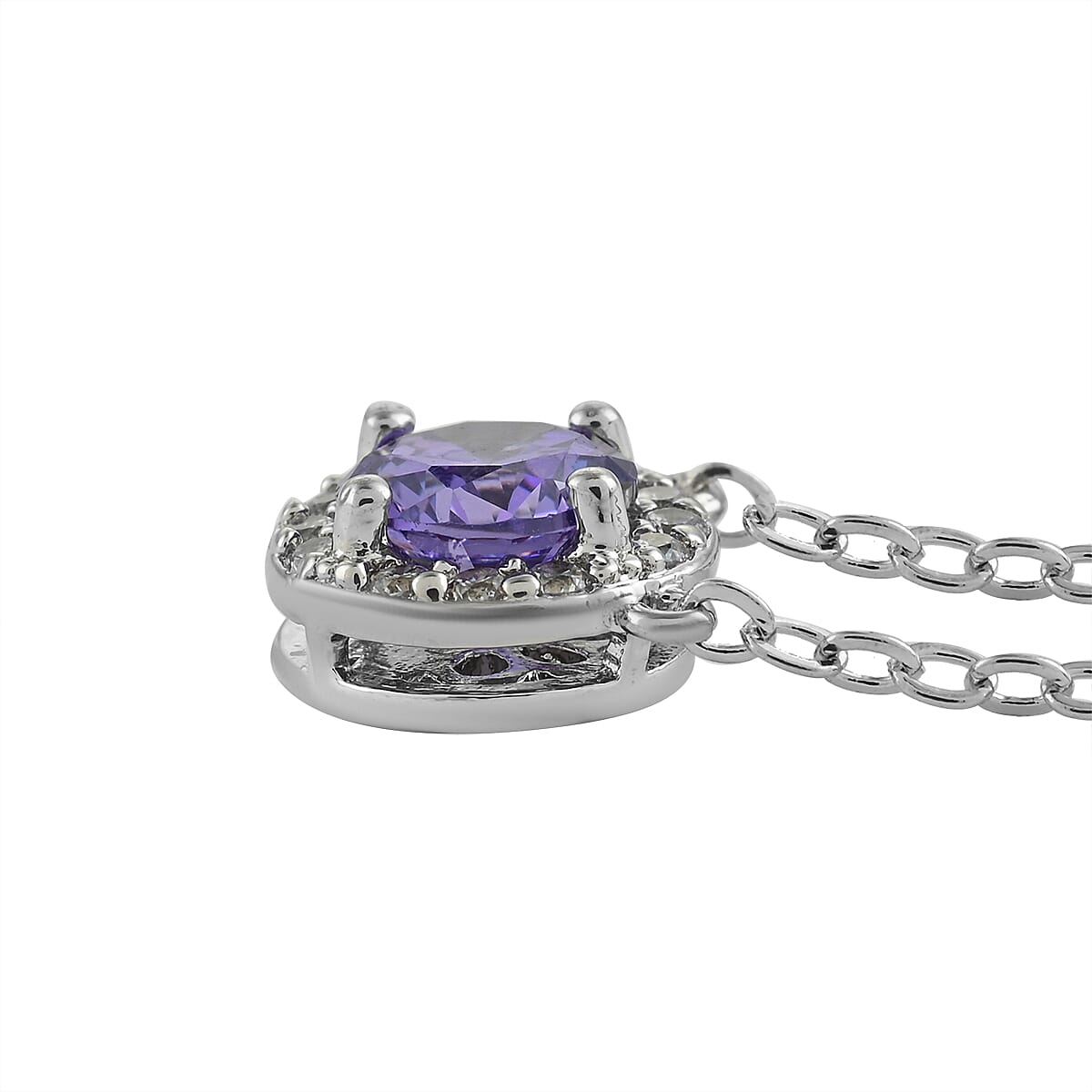 Simulated Purple Diamond and Simulated Diamond Halo Necklace 18 Inches in Silvertone image number 2