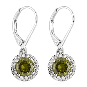 Simulated Peridot and Simulated Diamond Halo Drop Earrings in Silvertone