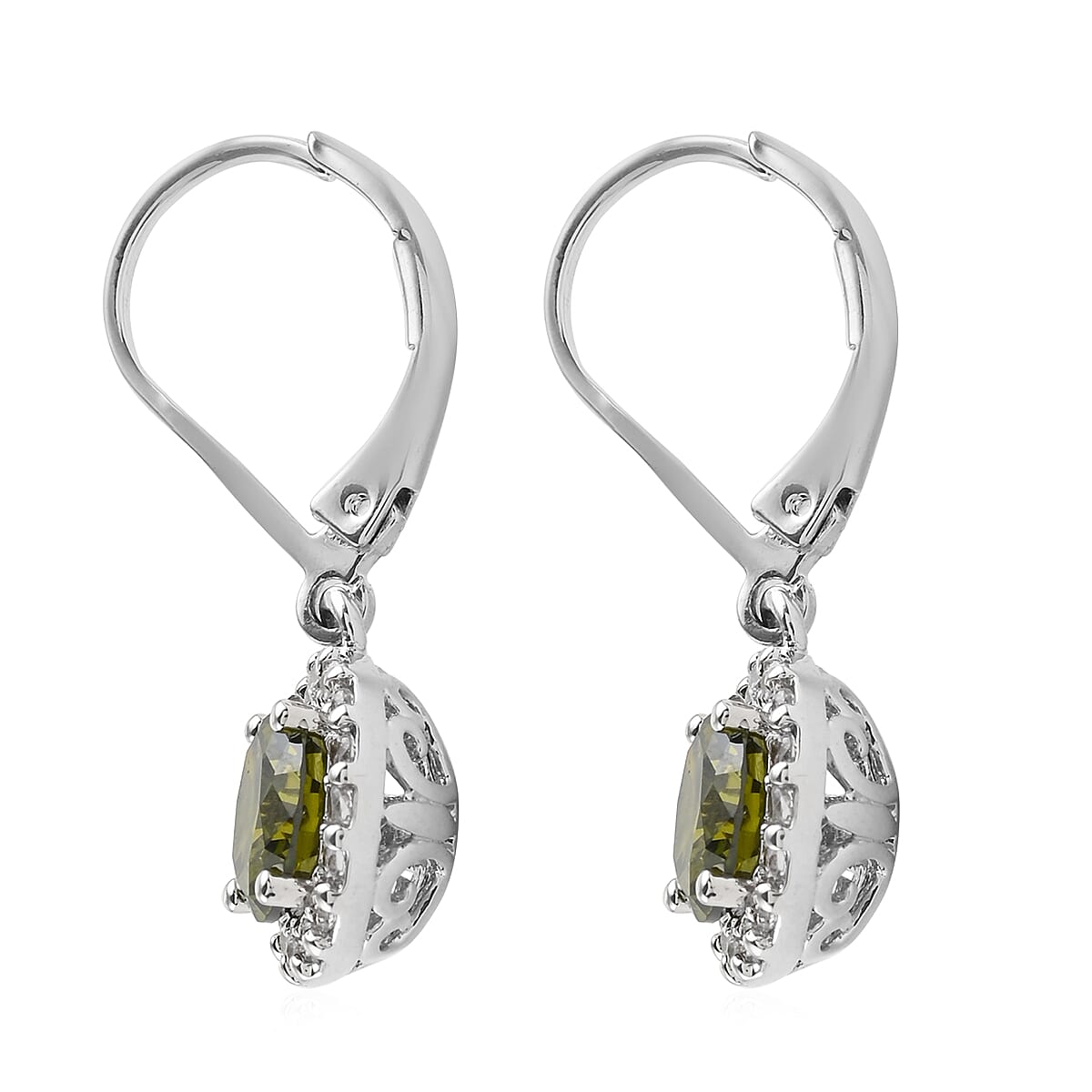 Simulated Peridot and Simulated Diamond Halo Drop Earrings in Silvertone image number 2