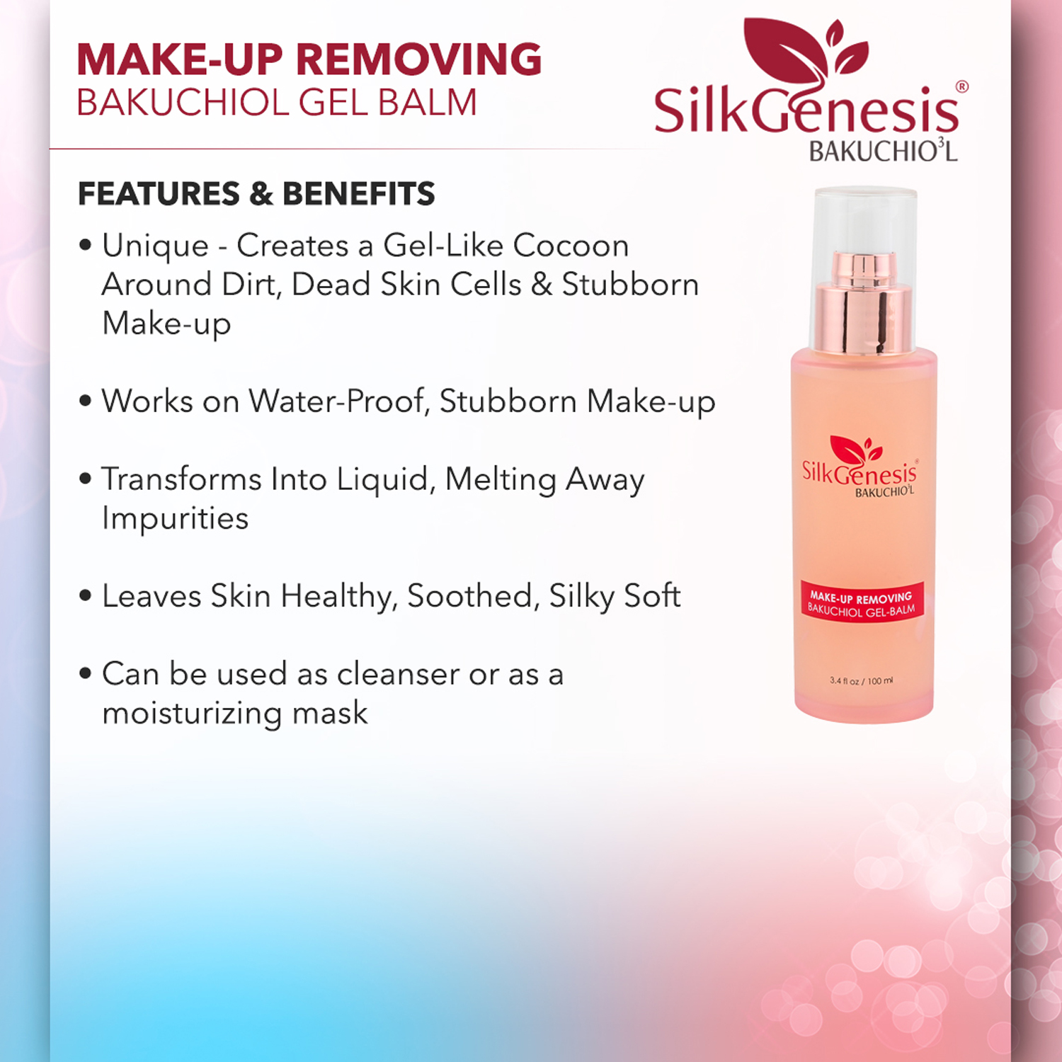 Silk Genesis Bakuchiol O3 Beauty Makeup Removing Gel-Balm Cleanser 3.4 oz (Made in USA)