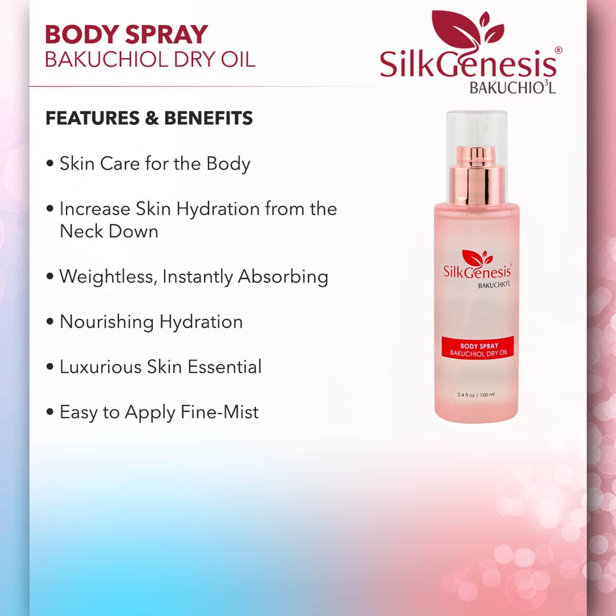 Silk Genesis Bakuchiol  O3 Beauty Dry Oil Body Spray 3.4oz (Made in USA) image number 2