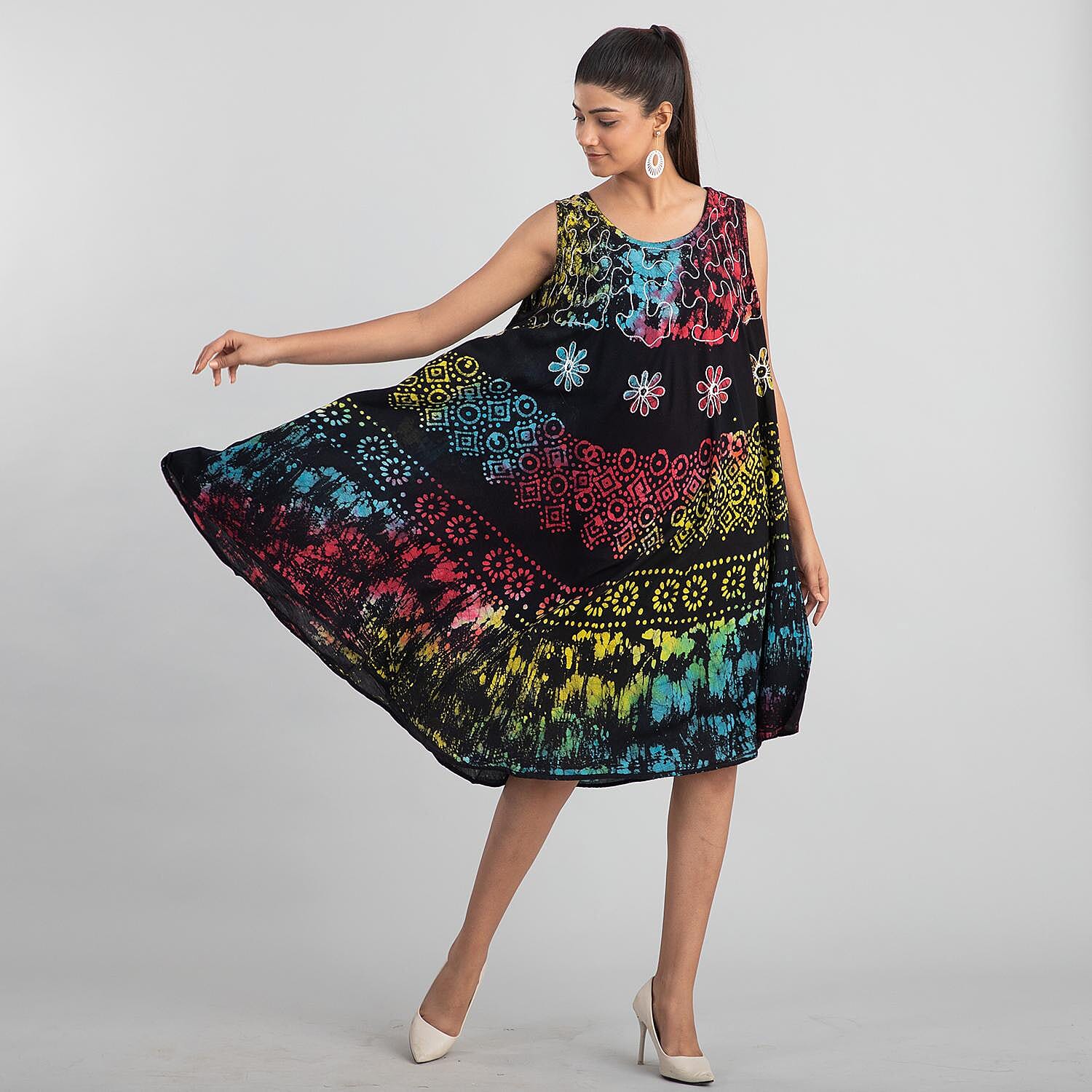 Tamsy Black Rainbow Splatter Print Umbrella Dress - One Size Fits Most