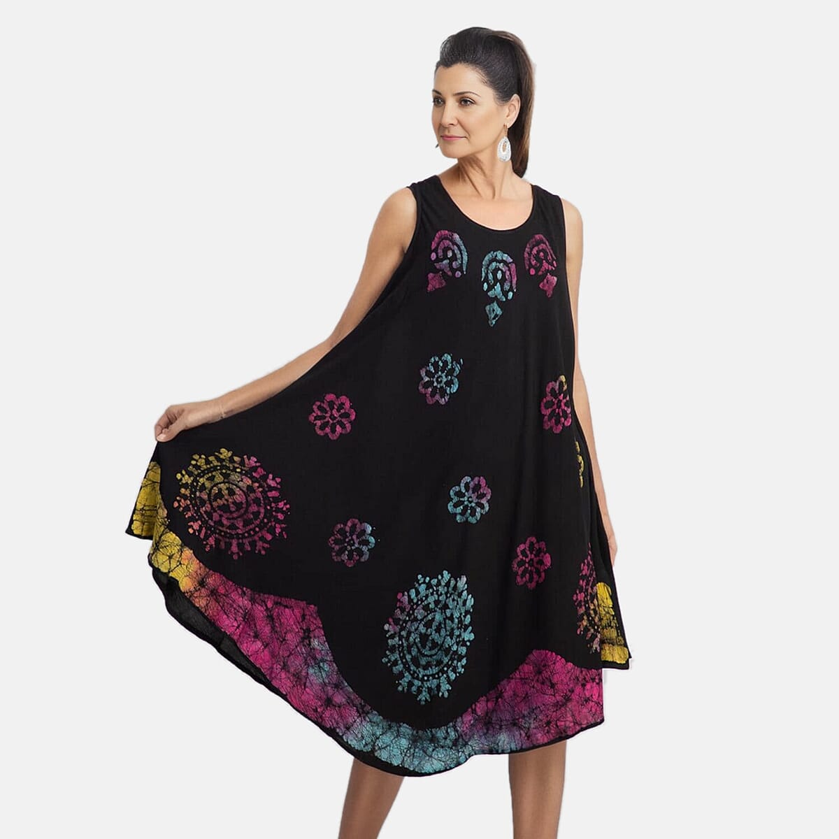 Tamsy Black with Multi Color Splatter Print Umbrella Dress - One Size Plus Fits Most image number 3