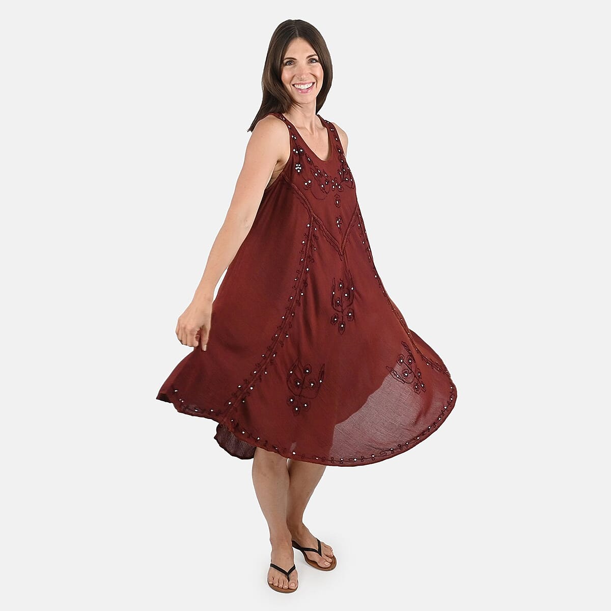 Tamsy Caramel Brown Women's Umbrella Dress with Sequin Floral Embroidery - One Size Missy image number 0