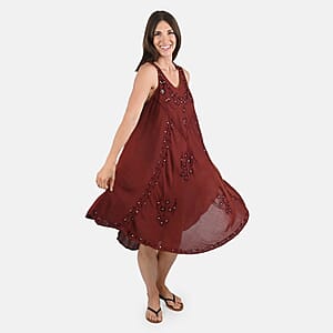 Tamsy Caramel Brown Women's Umbrella Dress with Sequin Floral Embroidery - One Size Missy
