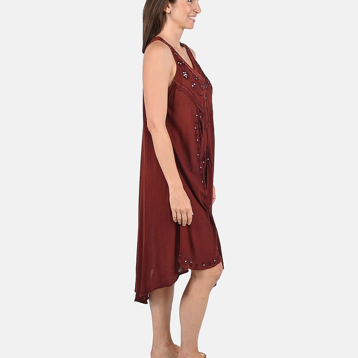 Tamsy Caramel Brown Women's Umbrella Dress with Sequin Floral Embroidery - One Size Missy image number 2