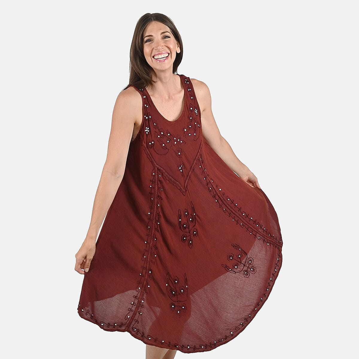 Tamsy Caramel Brown Women's Umbrella Dress with Sequin Floral Embroidery - One Size Missy image number 3