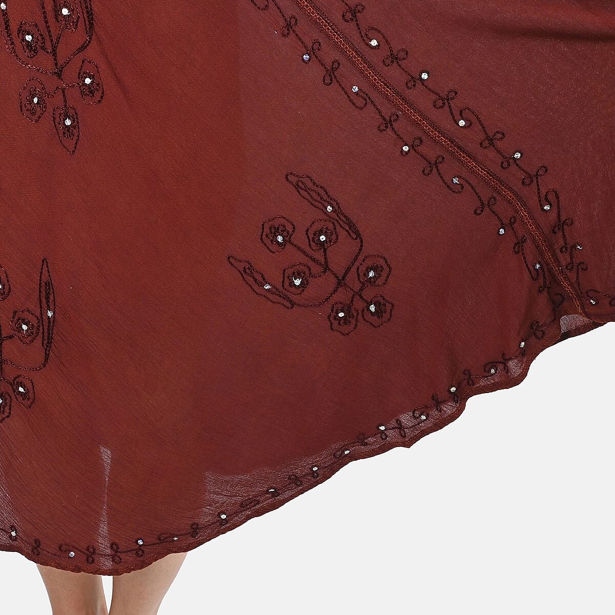 Tamsy Caramel Brown Women's Umbrella Dress with Sequin Floral Embroidery - One Size Missy image number 4