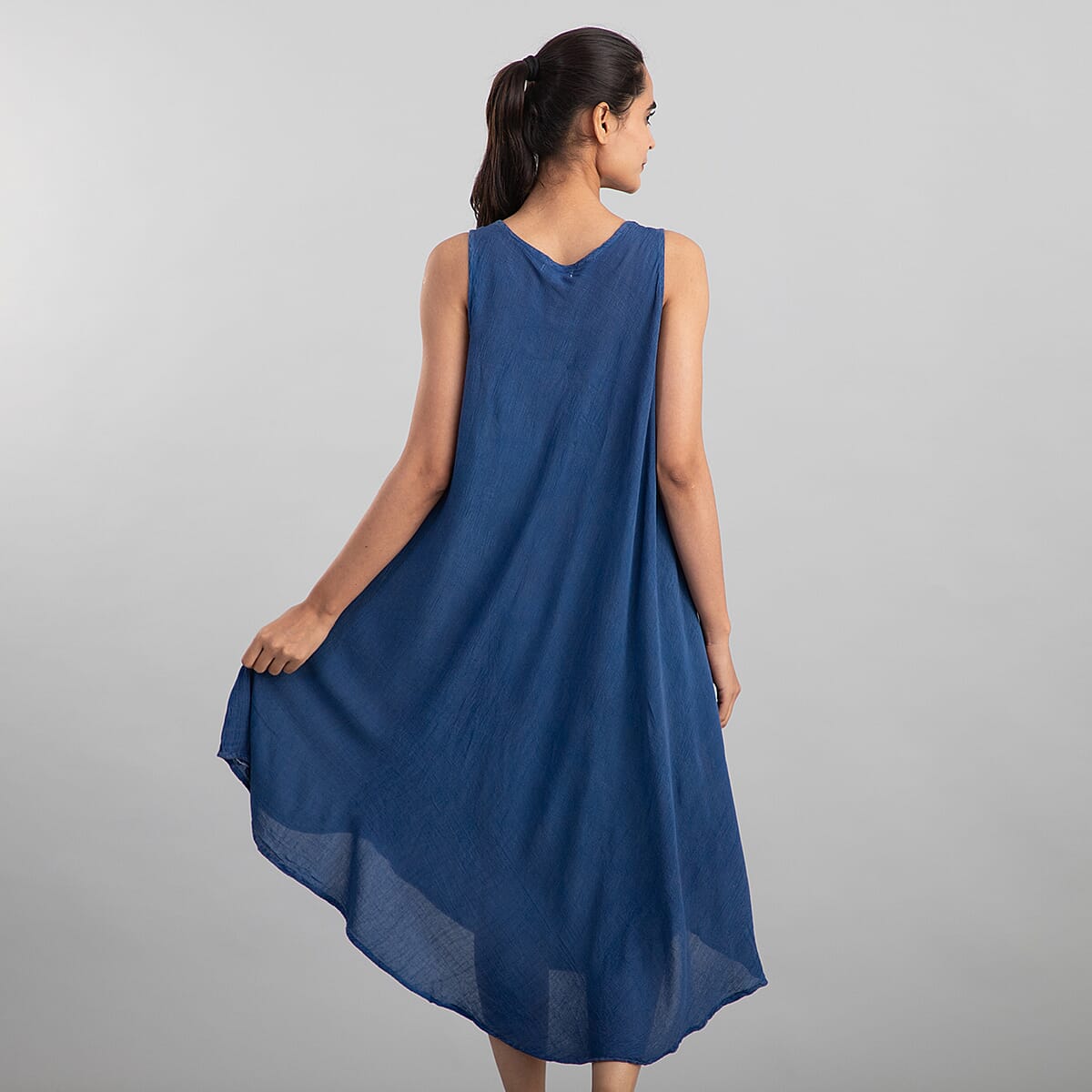 Tamsy Denim Blue Women's Umbrella Dress with Sequin Floral Embroidery - One Size Missy image number 1