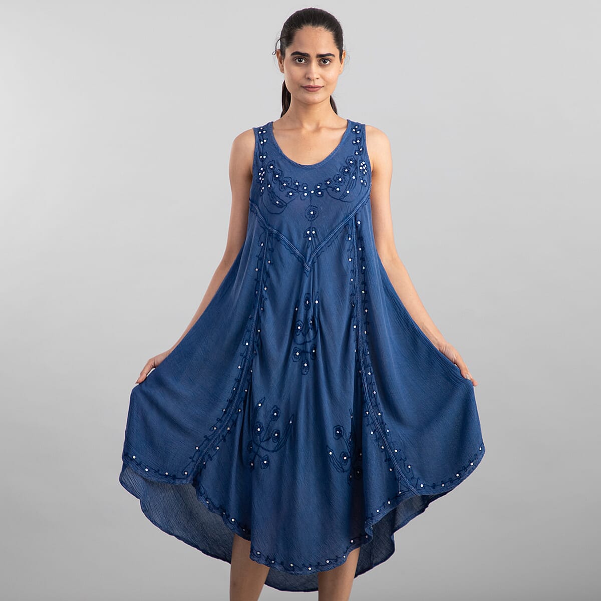 Tamsy Denim Blue Women's Umbrella Dress with Sequin Floral Embroidery - One Size Missy image number 2