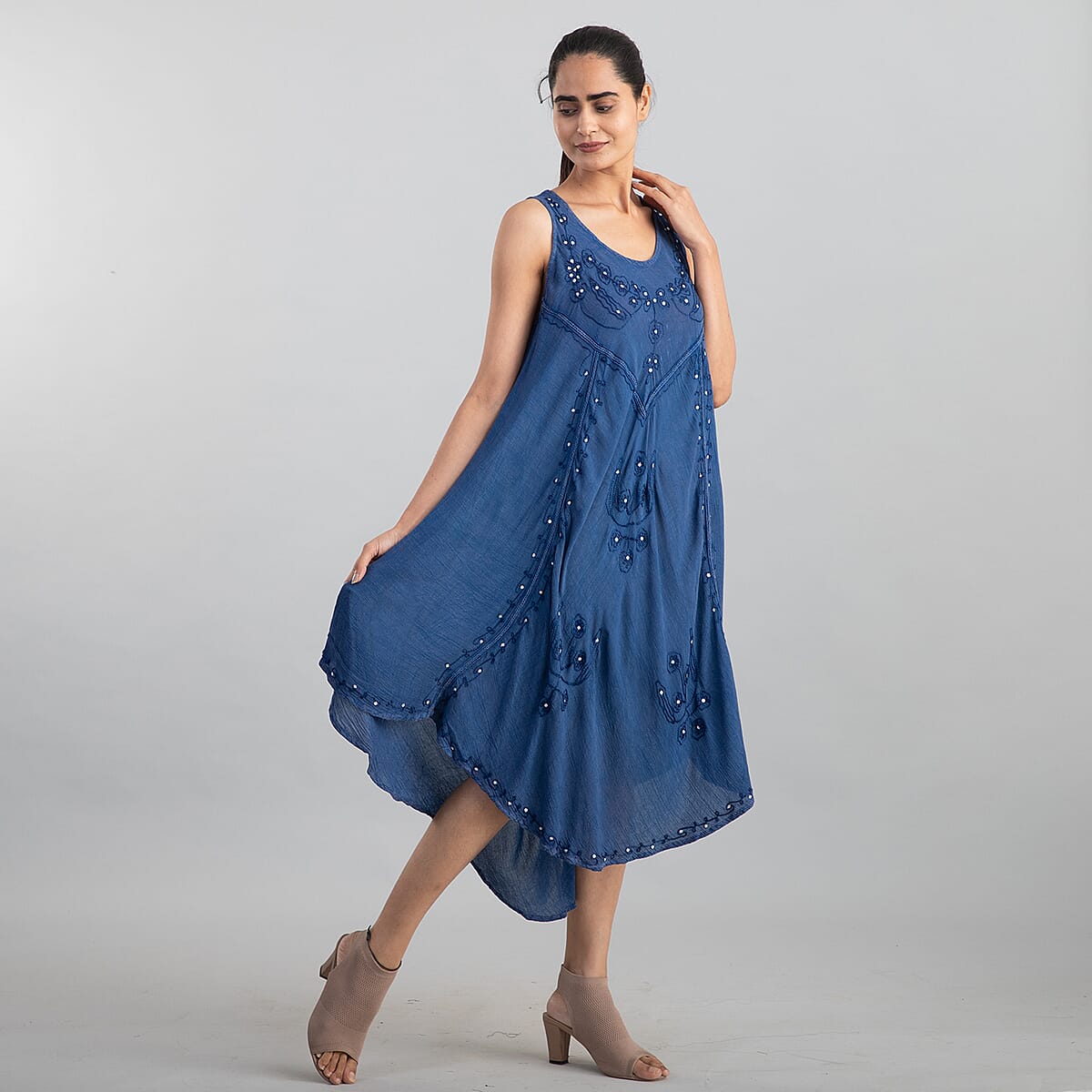 Tamsy Denim Blue Women's Umbrella Dress with Sequin Floral Embroidery - One Size Missy image number 3